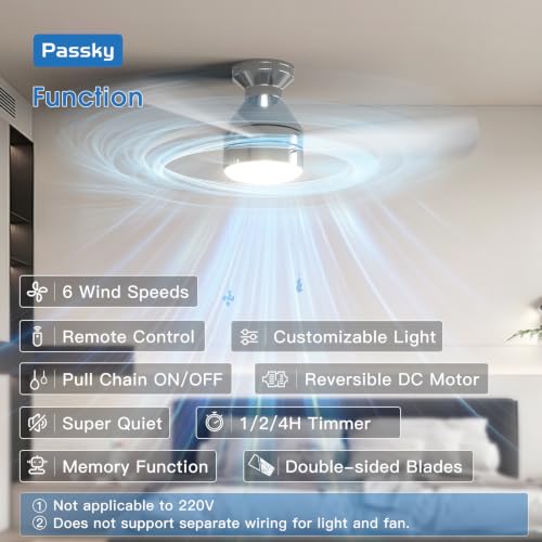 Image of Passky Ceiling Fans with Lights, 42 inch Low Profile Ceiling Fan with Pull Chain and Remote Control, Flush Mount, Reversible, 5CCT, Dimmable, Noiseless, Nickel Pull Cord Ceiling Fan for Bedroom | Flush mount, pull chain, remote, 3-color dimmable light, quiet reversible DC motor, easy install, memory, timer, bedrooms
