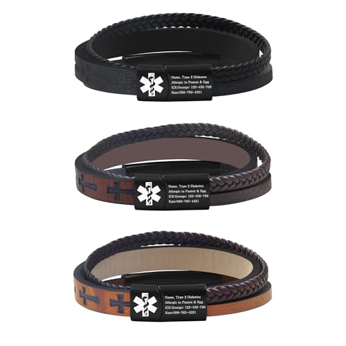 Zircobic Bracelet d’Alerte Médicale Homme Personnalisable – ID Médicale Gravée au Laser, Accent Croix de Foi, Design Cuir PU Tressé, Léger et Durable, Pour Sports Extérieurs et Usage Quotidien