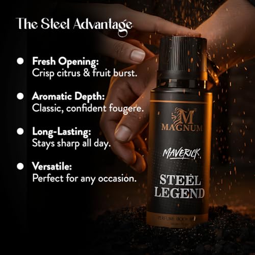 Image of Magnum Maverick Steel Legend Men's Body Spray - Aromatic Woody Fragrance with Bergamot, Lavender & Sandalwood | Smooth Long-Lasting Scent for Office & Everyday Wear | 150ml