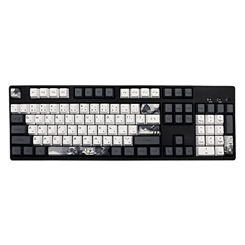 JSJT Ink Lotus Keycaps OEM Profile Japanese Keycaps 140 Keys PBT Dye Sublimation Custom Keycaps Suitable for GK61/64/68/84/87/96/980/104/108 Cherry MX Switch ANSI/ISO Layout Mechanical Keyboards