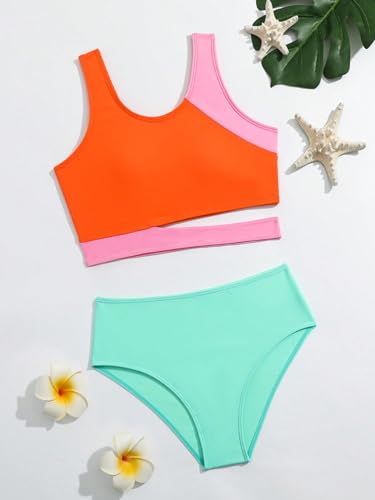 Image of Milumia Girl's 2 Piece Swimsuits Color Block Cut Out Sport Swimwear Bathing Suits Green and Orange 8Y
