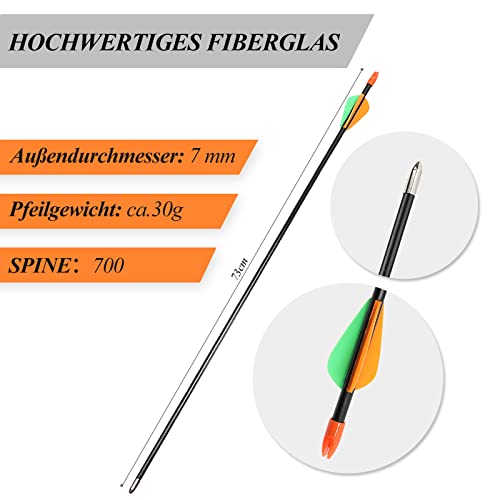 Pfeile für Bogenschießen Kinder,12er Set aus Fiberglas mit Spitze Metal Kinder Bogen 28 Zoll
