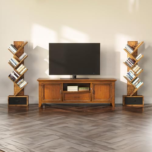 SUPERLELE 6 Shelf Bookshelf with Drawer, Retro Tree Bookcase Floor Standing Bookcase for CDs/Movies/Books, Utility Book Organizer Shelves for Bedroom, Living Room, Home Office