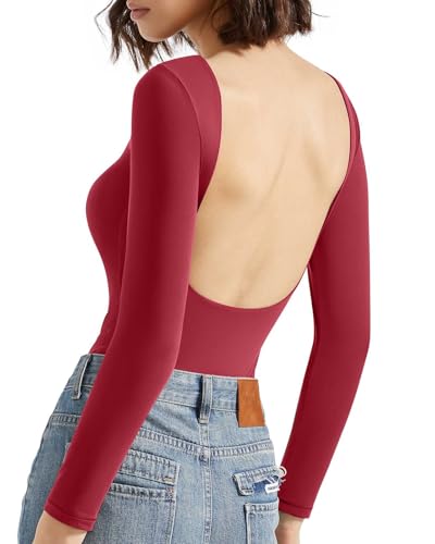 SUUKSESS Women Backless Y2k Long Sleeve Bodysuit Double Lined Open Back Sexy Basic Top