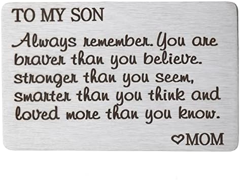 PLwelth Son Engraved Wallet Card from Mom Stainless Steel Men Boys Teen Inspirational Message Wallet Insert Card Son Gift Birthday Graduation Christmas Coming of Age Gift