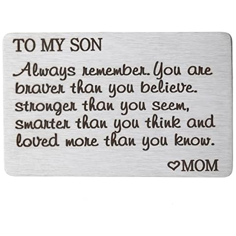 PLwelth Son Engraved Wallet Card from Mom Stainless Steel Men Boys Teen Inspirational Message Wallet Insert Card Son Gift Birthday Graduation Christmas Coming of Age Gift Cover