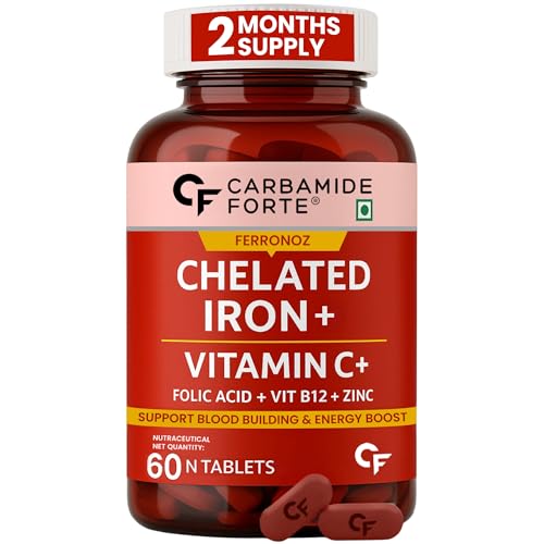 Carbamide Forte Chelated Iron Supplement for Women and Men | Folic Acid Tablets for Pregnancy | Hemoglobin Booster | 60 Veg Tablets for Hair Growth with Iron Bisglycinate