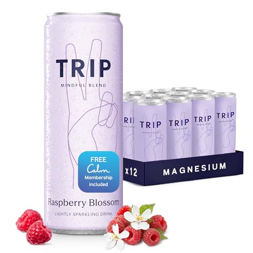TRIP Lightly Sparkling Adaptogen Drink, Non Alcoholic Drink with Magnesium, Ashwagandha, Lions Mane & L Theanine, No Added Sugar Mocktail, Vegan, Raspberry Blossom, 12 Oz, 12Pk