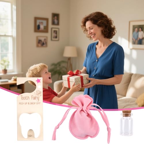 BOXOB Zahnfee-Zahnhaltertasche, Zahnfee-Türhänger mit Schlitz Türhalter aus Holz mit Jutebeutel und Erinnerungsflasche als Dekoration fürs Kinderzimmer Ermutigendes Geschenk (Rosa)