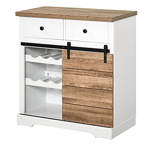 HOMCOM Aparador Armario de Cocina Aparador de Cocina Mueble Botellero para 6 Botellas con Puerta Corredera de Granero y 2 Cajones Estilo Rústico para Salón Comedor 80x39x86 cm Blanco y Natural
