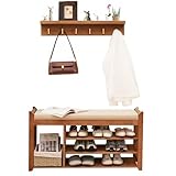 PETKABOO Hall Tree with Bench and Shoe Storage, Coat Rack Shoe Bench Set with Seat Cushion and 6 Hooks for Entryway, Hallway, Living Room and Bedroom