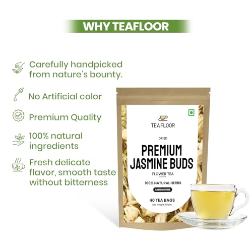 Image of TEAFLOOR Jasmine Flower Tea Bags || 40 Tea Bags /80 Gram (Pack Of 1) || Farm Packed For Freshness || Pure Whole Flower Buds Of Jasmine, Herbal Tea Rich In Anti Oxidants, Better Sleep And Relaxation