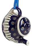 Polish Pottery Peacock Feathers Teapot Handmade Ceramic Christmas Ornament, 3.25”Dia. x 2.5”H