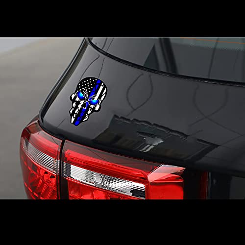 Image of 2 Pack Car Decals Stickers Skull Reflective US Flag with Thin Blue Line, Honoring Police Law Enforcement Vinyl Stickers Van Trucks Women Men Motorcycle Laptop Decals Skateboard Bike Bumper Window