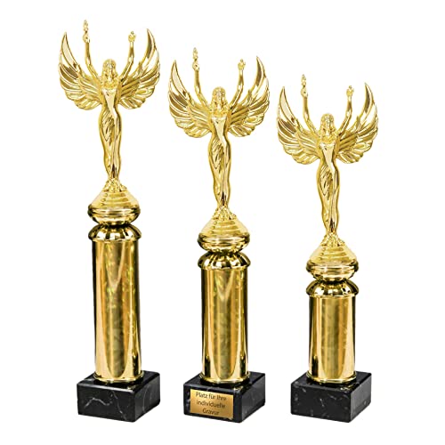 eberin · Siegesgöttin · Siegesengel · Siegerpreis · Siegerfiguren · Pokal für Siegerin · Figur auf Goldsäule/Marmor schwarz · Auszeichnung · Pokal · 3 Größen erhältlich · mit oder ohne Gravur ·
