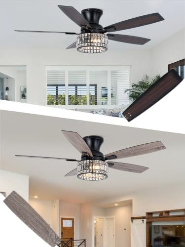 Image of 52 Inch Flush Mount Crystal Ceiling Fan with Lights and Remote | Farmhouse Fandelier Ceiling Fan Rustic Chandelier for Bedroom Living Room, 5 Dual Blades 2 E26 Sockets Reversible 6 Speeds
