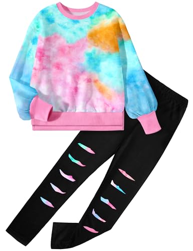 Image of Girls Clothes, Girls Outfits Tie Dye Sweatshirt Tops and Leggings Sweatpants 2 Piece Fall Winter Clothes Set 6-16T