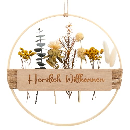 Xinnun Türkranz Trockenblumenkranz Herzlich Willkommen Schild Haustür Holz Türkranz Trockenblumen Boho Türdeko Ganzjährig Willkommensschild...