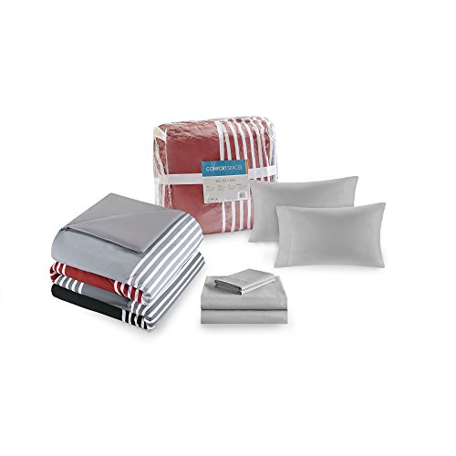 Comfort Spaces Bed In A Bag Comforter Set - College Dorm Room Essentials For Boys Bedding, Complete Dormitory Bedroom Pack And Sheet With 2 Side Pockets, Twin, Stripes Red/Grey #TOP6