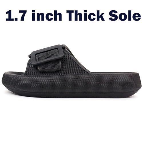 Buckle Rubber Arch Support Pillow Slippers Comfy Cloud Slippers Thick Sole EVA Soft Cushion Slides Open Toe Quick Drying Spa Bath Pool House Casual Shower Sandals Indoor Outdoor,Black 35-364