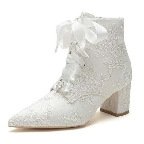 LRMYMHY Femmes Dentelle Bottillons Mariage De Mariée Cheville Bottes Femme Bout Pointu Bottines...