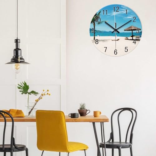 Image of Blue Beach Wall Clock Battery Operated 16 Inch Tropical Coastal | Round Glass Silent Non Ticking Analog Nautical Wall Clocks for Bedroom Living Room Office Kitchen Decor