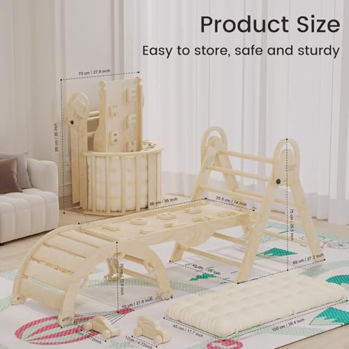 Image of ElegantCrafts Pikler Triangle Set with Cushion, Montessori Climbing Set, Indoor Climb Toys, Indoor Playground Jungle Gyms, 9 Combinations Climbing Toy Set for Toddler, Baby, Kids 1-4