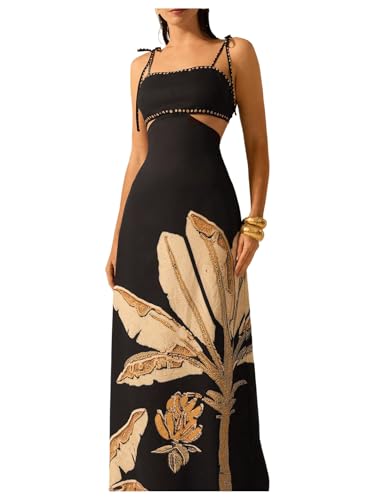 SOLY HUX Women's Summer Maxi Dress Boho Print Tie Shoulder Spaghetti Strap Cut Out Tie Back Cami Dresses Sundress