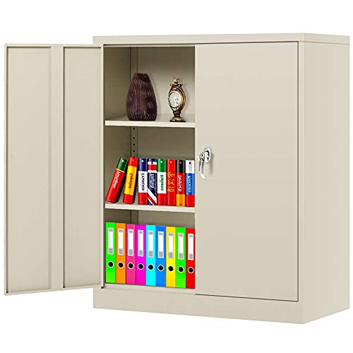 Greenvelly Metal Storage Cabinet, 42” Locking Storage Cabinet, Lockable Cabinet with Doors and Shelves, Steel Garage Cabinets for Home Office with 2 Keys, Warehouse, Basemen, Grey