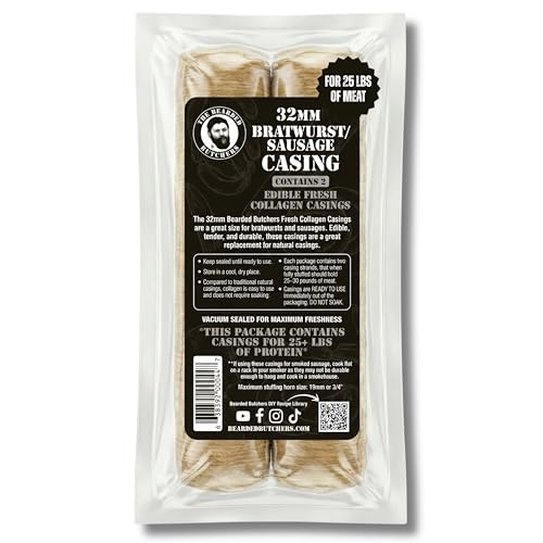Bearded Butchers 32mm Fresh Edible Collagen Casings (2-Pack) – Holds 25lbs of Meat – For Bratwurst, Italian Sausage & Chorizo – Vacuum Sealed, Ready to Use, No Soaking Required – DIY Sausage Skins