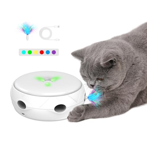 PETTOM Juguetes Gatos con 2 Plumas, Juguetes Interactivos para Gatos 3 Modos Juguete para Gatos Automático Giratorio Inteligente Cat Toys, Baterias Incluidas
