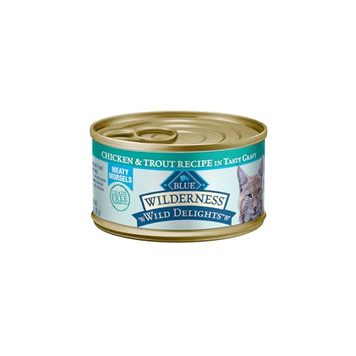 Blue Buffalo Wilderness Wild Delights Meaty Morsels Wet Cat Food, High-Protein & Grain-Free, Made with Natural Ingredients, Chicken & Trout Recipe in Tasty Gravy, 3-oz. Cans (24 Count)