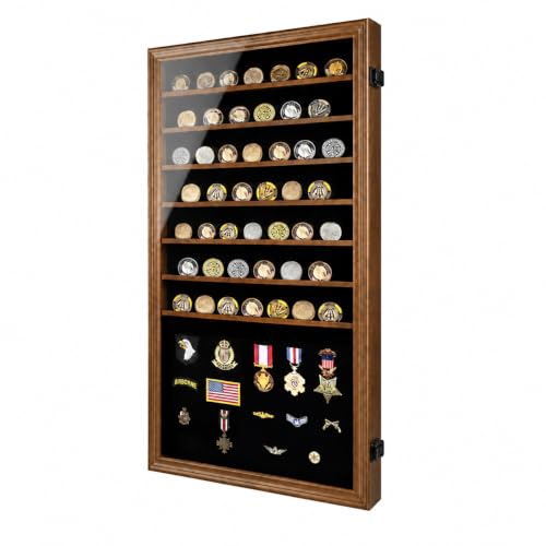 Image of Jinchuan Military Challenge Coin Display Case Lockable Cabinet Rack Shadow Box with Removable 2 Grooves Shelves and Anti Fade Acrylic Glass for Casino Poker Chips Collectibles, Extra Large - Walnut