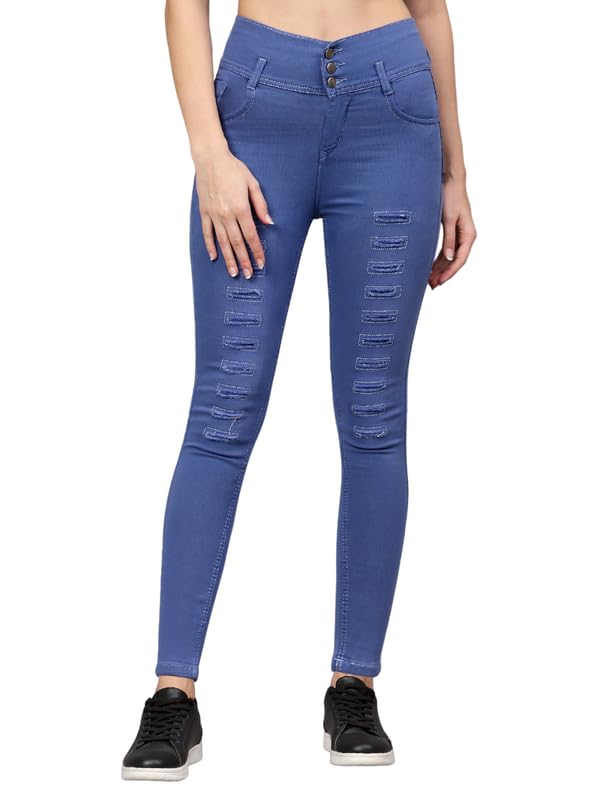Image of Women s Three Button Plan Design Blue Skinny Fit High Rise Full Length Clean Look Denim Stretchable Jeans
