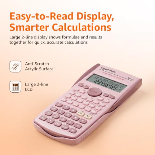 Image of Amazon Basics Scientific Calculator (AB-82MS) | 240 Functions | 2-Line Large LCD Display | Engineering Calculator | Dual Power | Fast Input Keys | 15.5 x 8 cm | Pink | Ideal for Students & Exams