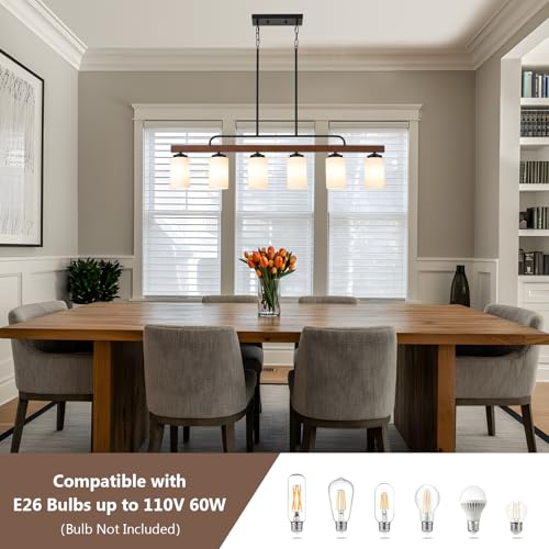 Farmhouse Dining Room Light Fixture Over Table, Black 6-Light Wood Kitchen Island Lighting with Milk White Glass, Industrial Linear Chandelier Pendant Lights by HOGBU - Image 2
