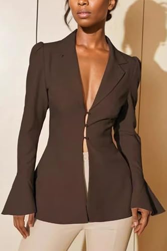 LETSVDO Women's Elegant Blazers Lapel Neck Ruffle Long Sleeve Business Blouse Deep V Neck Bell Sleeve Office Suit Jackets2