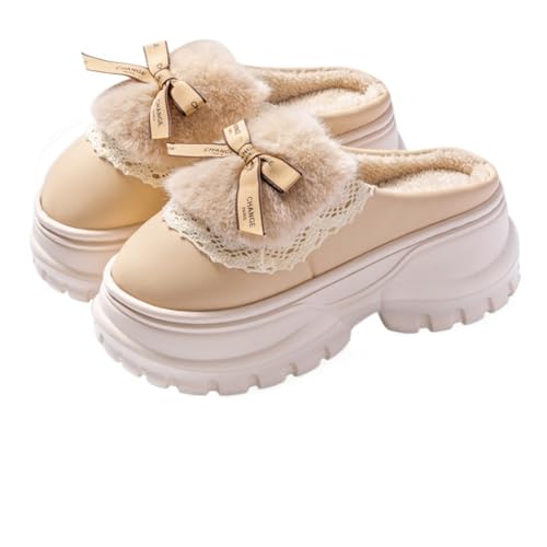 Cute Plush Platform Slippers for Women Bowknot Anti-Slip Cotton House Chunky Shoes, Indoor/Outdoor Cozy Winter Fuzzy Slides
