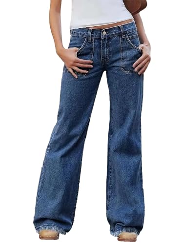 Flamingals Wide Leg Low Rise Casual Flap Pocket Raw Hem