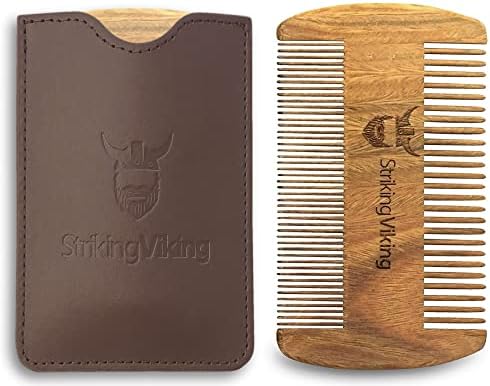 Sandalwood Beard Comb and Case - Pocket Sized Wooden Beard & Mustache Comb with Fine & Coarse Teeth - Perfect for Use with Balms and Oils - Striking Viking (Brown)