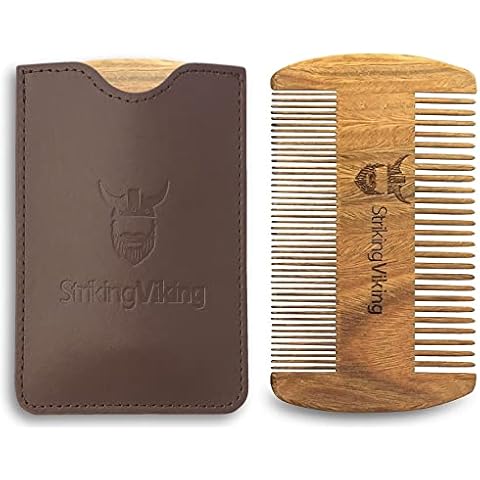 Striking Viking Sandalwood Beard Comb & Case - Pocket-Sized Grooming Tool with Fine & Coarse Teeth, Perfect for Use with Balms & Oils Cover