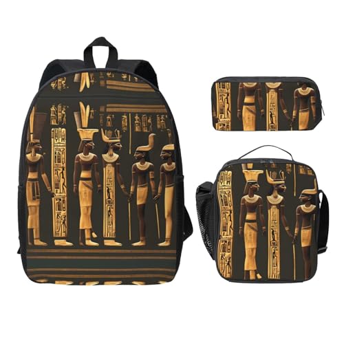 Mochila escolar ligera de 3 piezas negra con estampado egipcio talla única