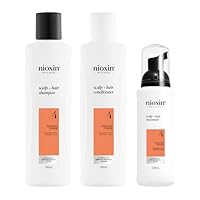 Nioxin Scalp + Hair Thickening System 4 Loyalty Kit - Hair Thickening System for Coloured, Dry and Damaged Hair with Progressed Thinning - Shampoo, Conditioner and Scalp Treatment, 300+300+100ml