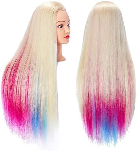 Hairingrid 26"-28" Mannequin Head Hair Styling Training Head Manikin Cosmetology Doll Head Synthetic Fiber Hair and Free Clamp Holder (Multicolor)