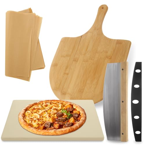 FVIEXE 4 PCS Oven Pizza Stone Set 15 x 12 Inch Large Rectangle Pizza Stone with Wooden Pizza Peel Pizza Cutter & 10PCS Cooking Paper for Oven & Outdoor Grill Baking Stone Pan for Pizza Bread