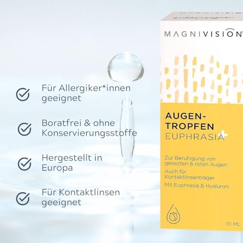 MAGNIVISION Augentropfen Euphrasia+ 10 ml, Augentropfen gegen trockene und rote Augen, Augenpflege mit Hyaluron und Euphrasia, boratfrei und ohne Konservierungsstoffe, Made in Europe