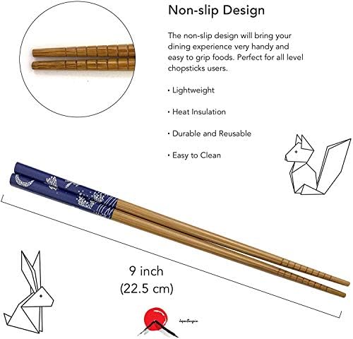 JapanBargain, 2 Pack of 5 Pair Reusable Bamboo Chopsticks Japanese Chinese Korean Style Choptick Hair Sticks, Dishwasher Safe, 9 inch, Blue