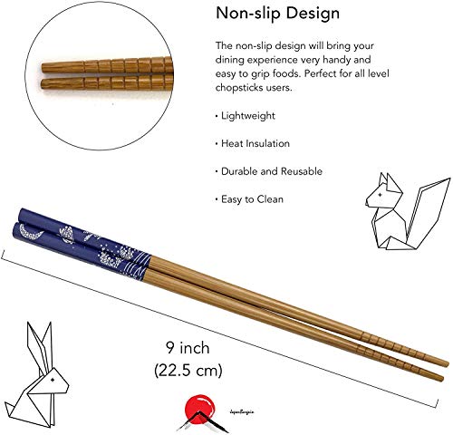 JapanBargain, 2 Pack of 5 Pair Reusable Bamboo Chopsticks Japanese Chinese Korean Style Choptick Hair Sticks, Dishwasher Safe, 9 inch, Blue