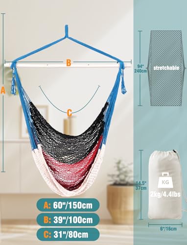 Image of Chihee Handwoven Hammock Chair 7.9ft Detachable Strong Metal Spreader Bar | Stretchy Cotton Blended Rope Large Hanging Chair Ventilated Mesh Swing Seat Color Blocking Portable Carry Bag Indoor Outdoor