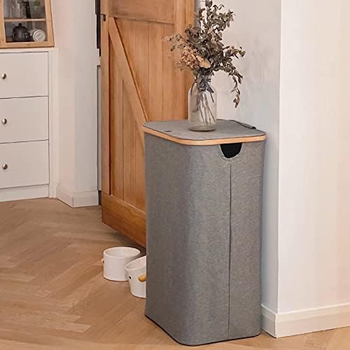 Edergoo Laundry Basket with Lid 100L, Upgraded Freestanding Laundry Basket with Removable Bag, Foldable Laundry Hamper with Lid, Bamboo Handle, Grey